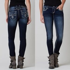 🧊 Rock Revival Women's AXTEEN Deep Indigo Rhinestone Embellished Skinny Jeans